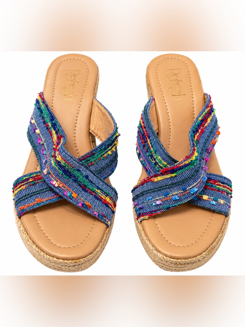 Multicolor Strappy Denim Espadrille Wedge Mules